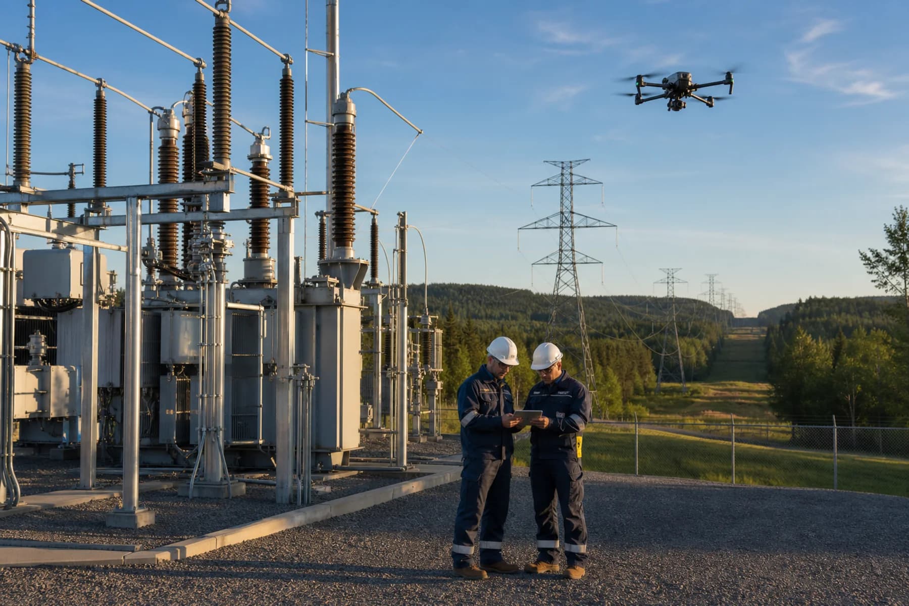 Inspection drone surveying a substation and connected transmission corridor while utility engineers review the plan