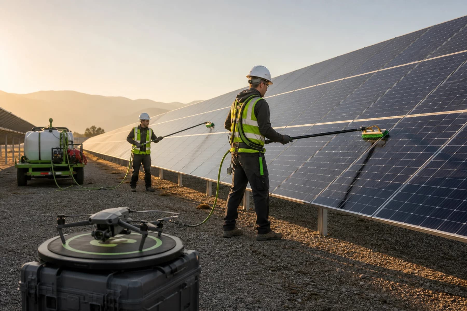 Solar technicians cleaning a planned PV row while a thermal inspection drone remains grounded nearby