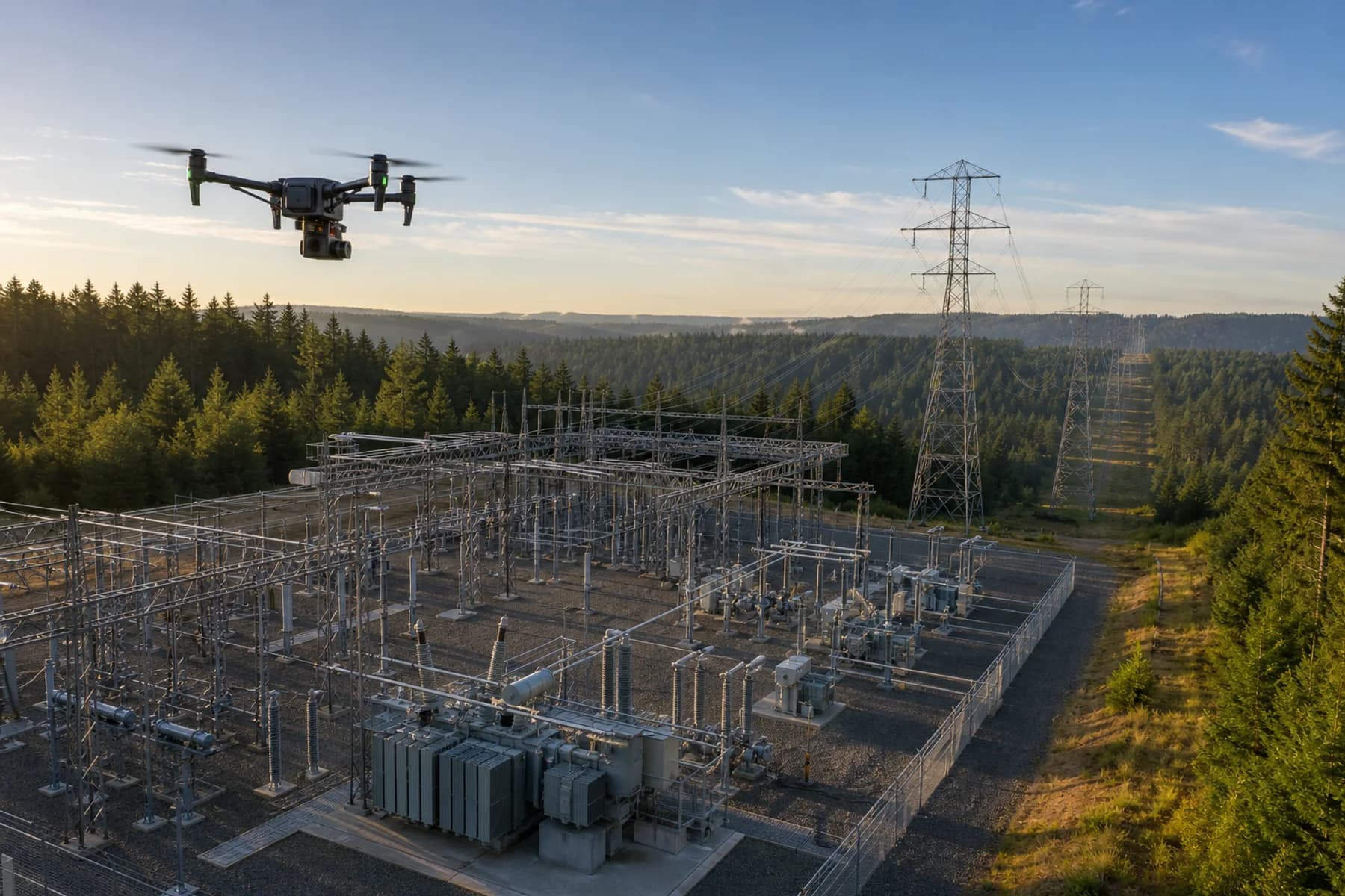 RGB inspection drone surveying a substation and transmission corridor