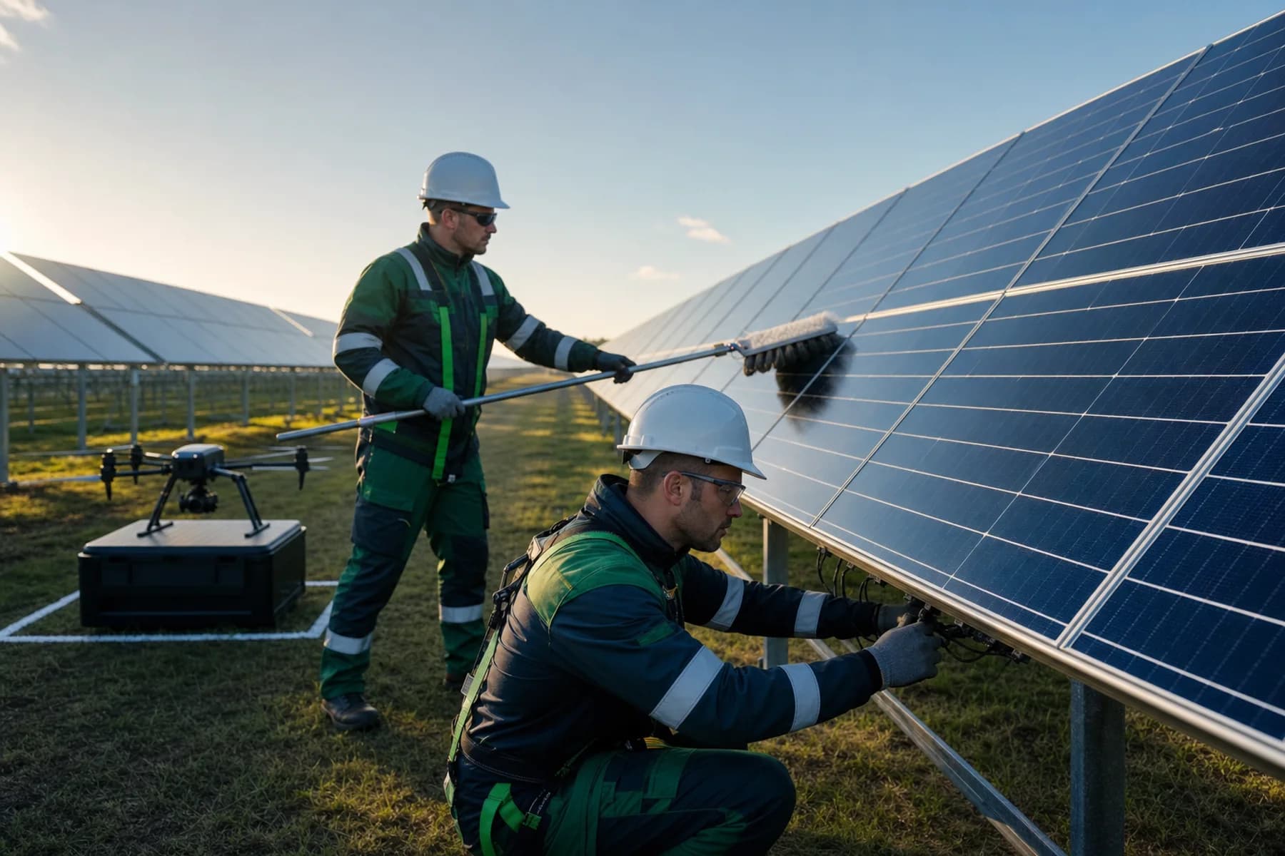 Qualified solar technicians cleaning panels and inspecting connectors after a drone survey