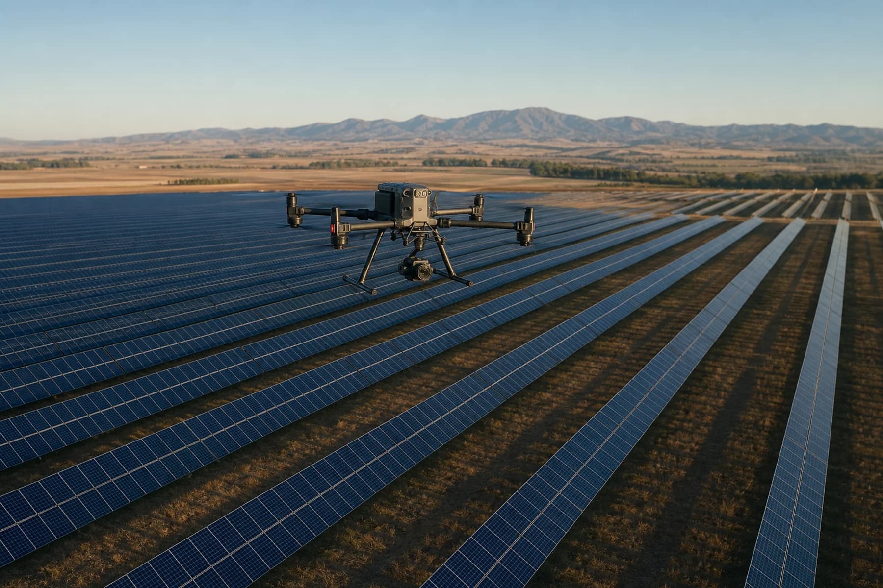 Inspection drone collecting repeatable data above a utility-scale solar farm