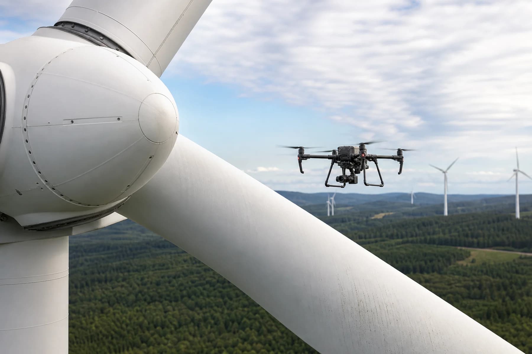 Inspection drone collecting close-range RGB imagery beside a stationary wind turbine blade