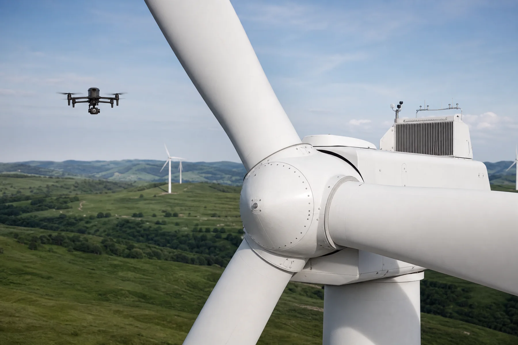 Thermal-payload inspection drone surveying a stationary wind turbine hub and nacelle from a safe distance